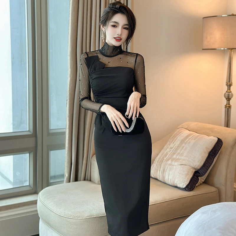 【周粥定制】新款感网纱拼接修身包臀打底连衣裙10779