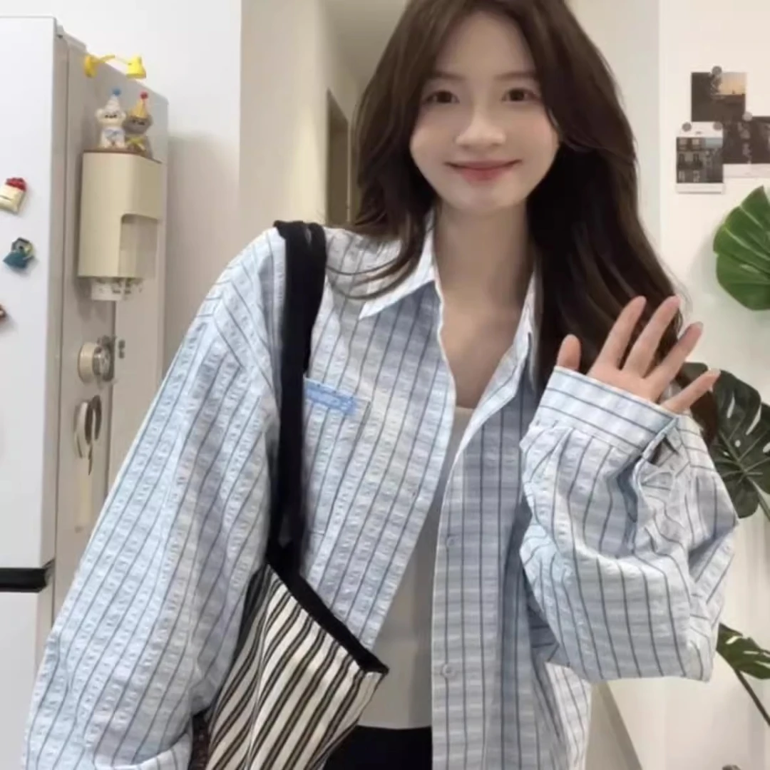 刺绣格子衬衫女2025春秋新款情侣宽松百搭小众叠穿上衣外套