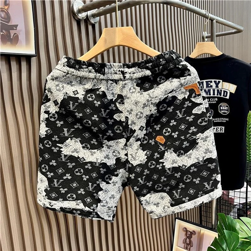 轻奢夏季印花休闲男士短裤撞色不规则图案潮流时尚沙滩裤五分裤衩