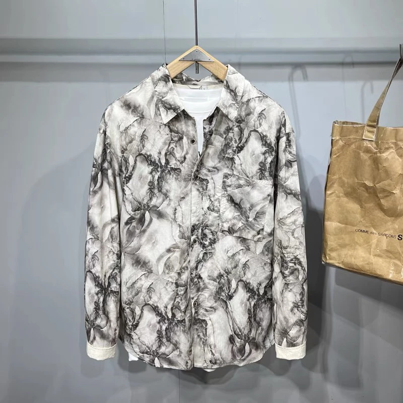 日系亚麻扎染衬衫男长袖春季新款上衣文艺复古男装小清新衬衣外套