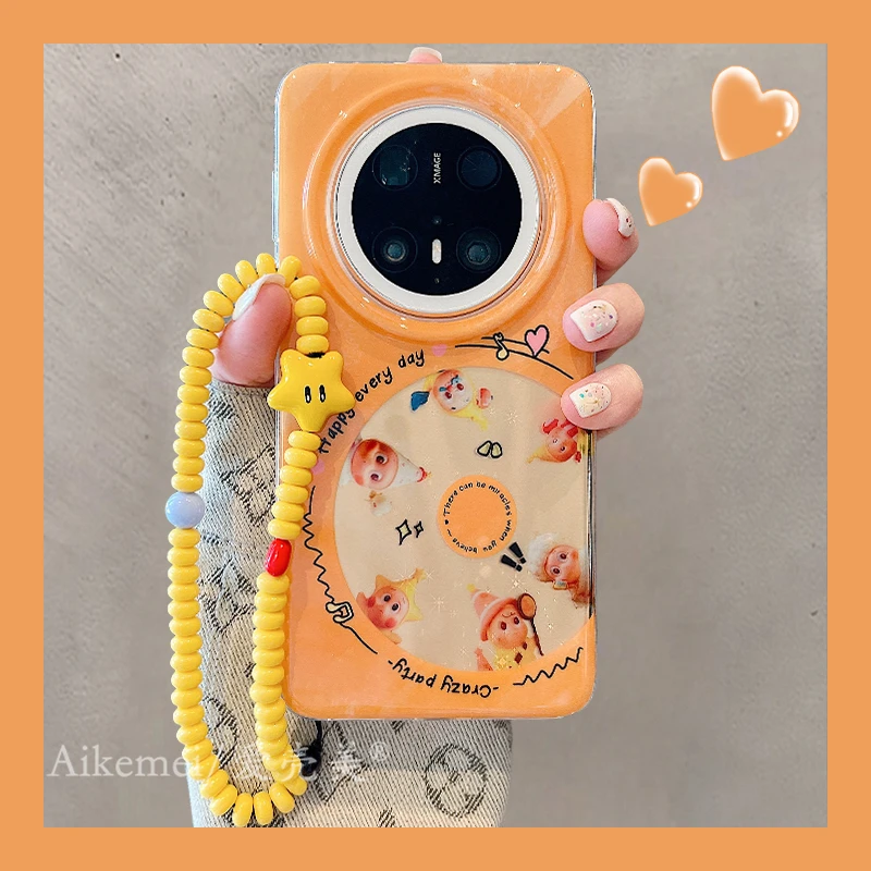 适用华为mate70pro+手机壳可爱卡通Mate60pro+黄色小人唱片链条女