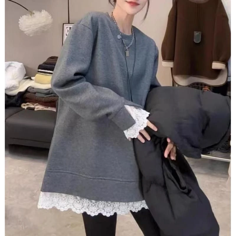 蕾丝下摆拼接长袖卫衣女大码胖mm宽松遮屁股上衣2025秋冬加厚打底