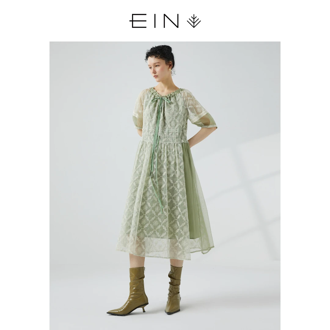 EIN/言法式浪漫丝棉系带立体绣花拼接设计茶歇连衣裙夏季新款