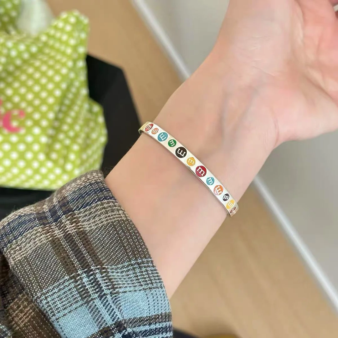 足银手镯 27克足银999.9韩版时尚彩虹m豆手镯