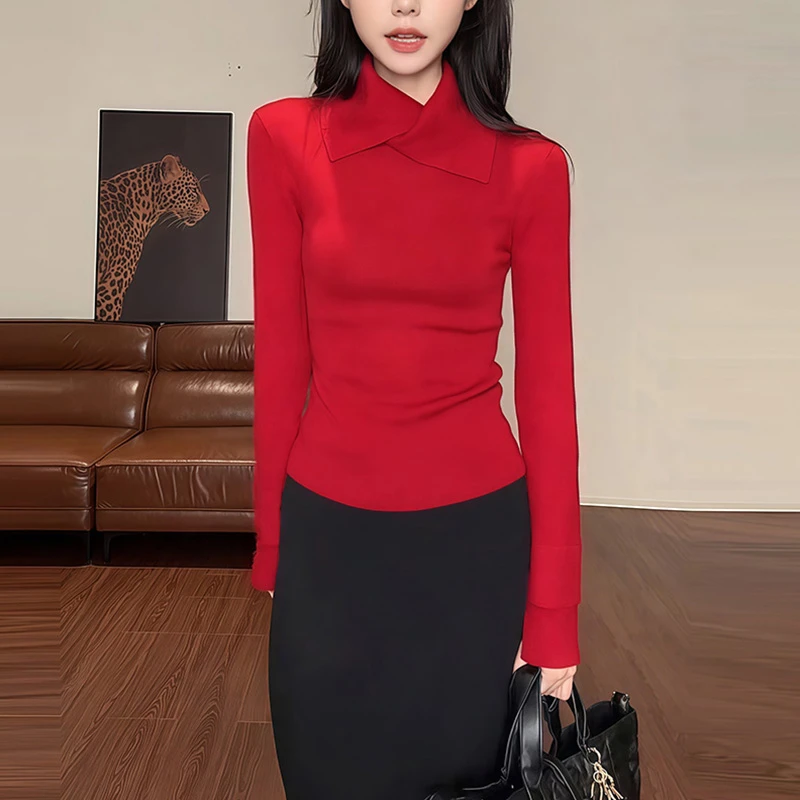 M913冬季新款翻领毛针织衫简约高级感打底衫女装修身穿搭上衣