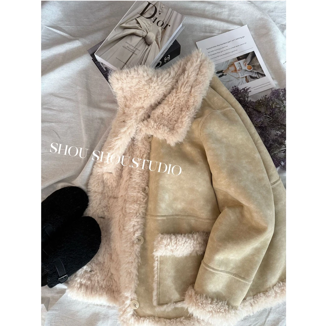 【瘦瘦】甜芒蛋奶-大码翻领拼接厚绒保暖皮毛一体外套S02101