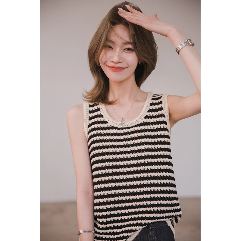 小谷粒条纹镂空针织衫女2025夏季新款纯棉全棉高级感背心短款上衣
