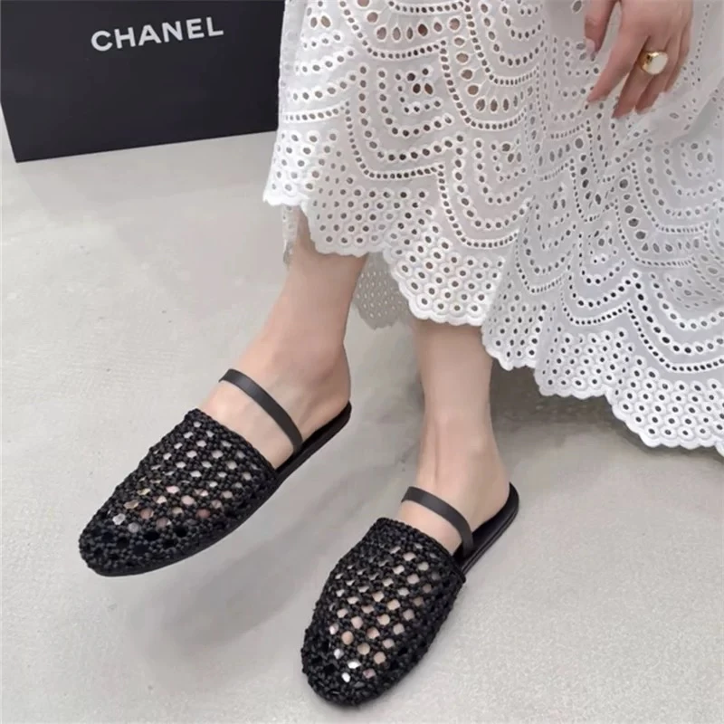 欧洲站通用包头镂空平底编织包头拖半拖百搭休闲网红防滑女拖鞋