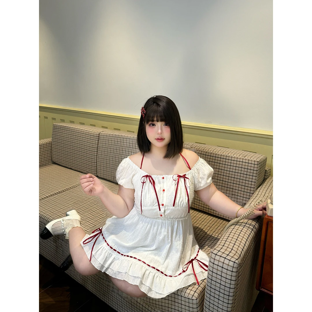 雪雪 【少女心思】甜美短袖连衣裙大码女装法式设计收腰绑带小白裙