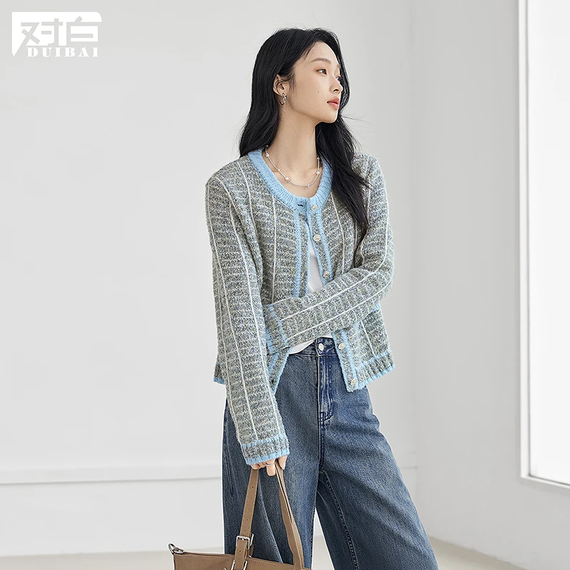【二喜专属】D01对白短款小香风针织衫毛衣开衫撞色圆领外套FDE100