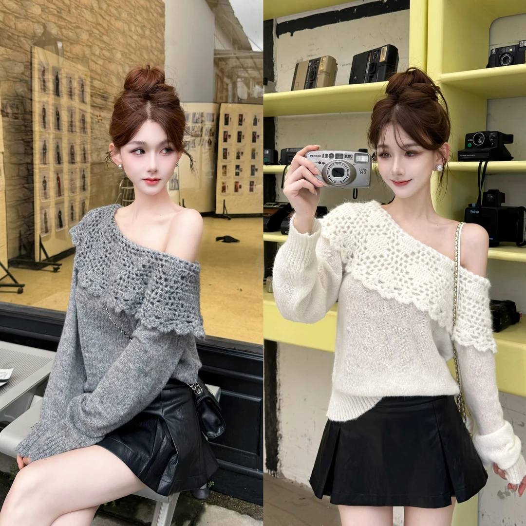 卡卡【海街日集】韩系重工镂空钩花斜领针织衫