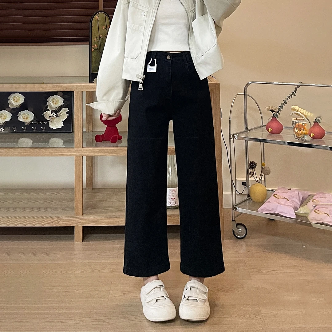 秋季显瘦直筒小黑裤女微胖妹妹大码宽松高腰显瘦弹力百搭牛仔裤