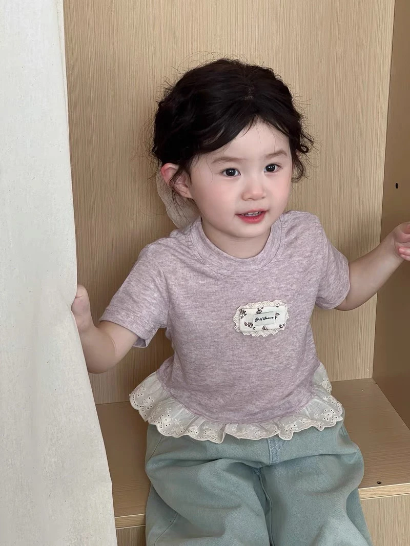 女童短袖T恤2025纯棉韩版洋气蕾丝花边儿童森系女宝宝ins上衣