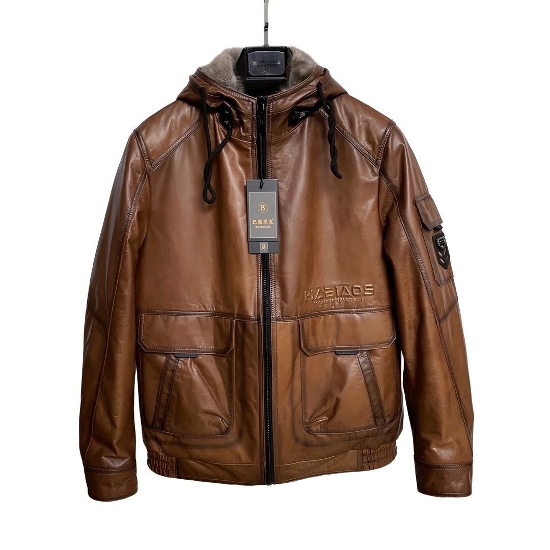 巴驰里克品牌银兰貂内胆高品质男士冬季保暖山羊油蜡皮夹克