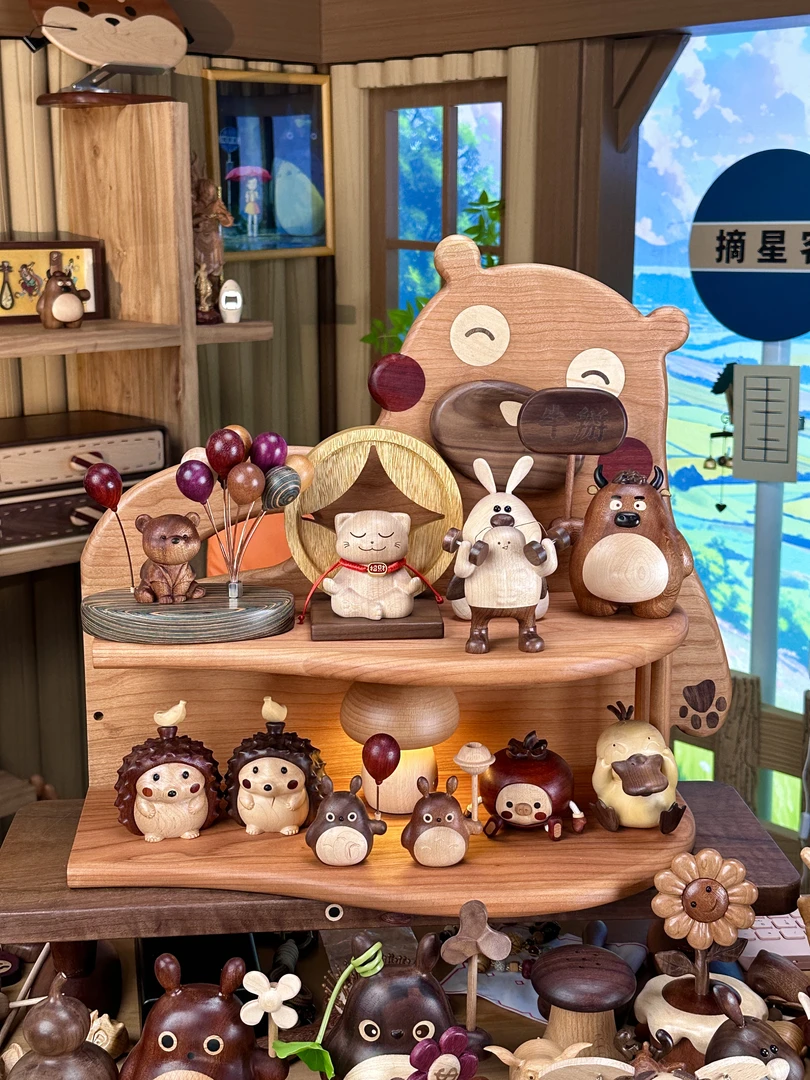 小熊实木双层置物架客厅房间摆放创意玄关木质复古办公室#201