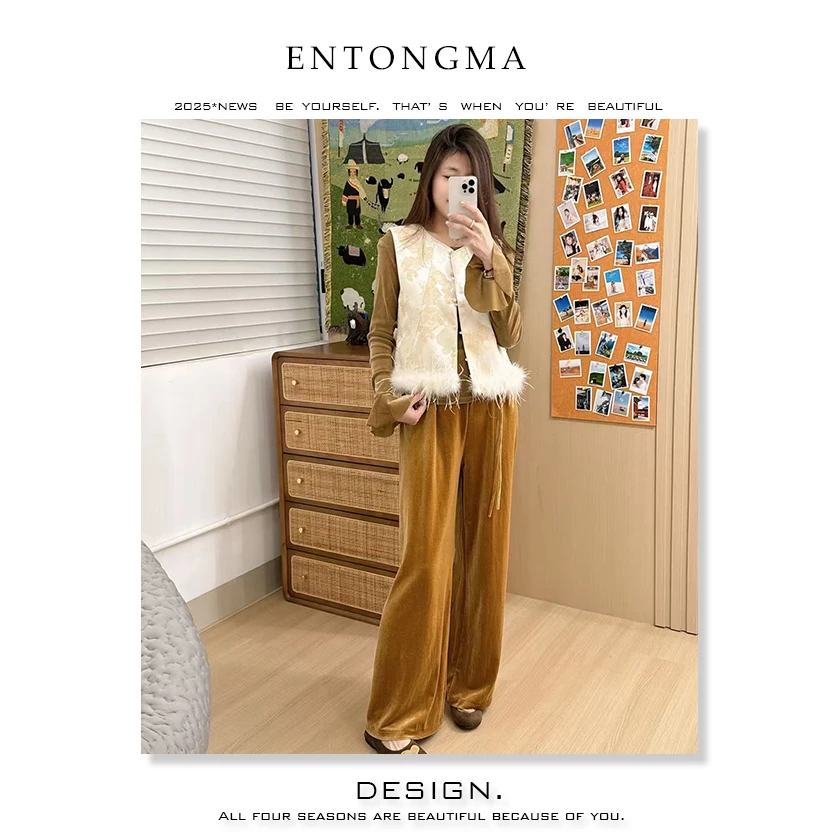 ENMA中国风百搭冬季厚款女装提花上衣亮片女常规款套装三件套