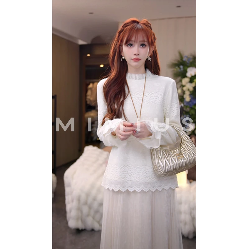 【mimius】七新中式蕾丝加绒半高领打底+花朵裙摆半身裙汉服 H01008