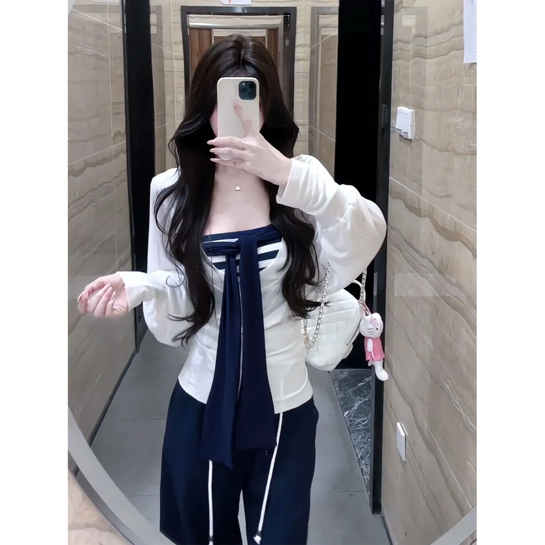 早秋新款辣妹慵懒风套装绑带条纹抹胸上衣小众搭配长袖罩衫两件套