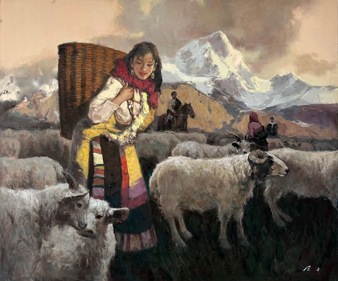 金日油画 原创人物油画收藏《雪域牧歌》画布纯手绘油画 180-150cm