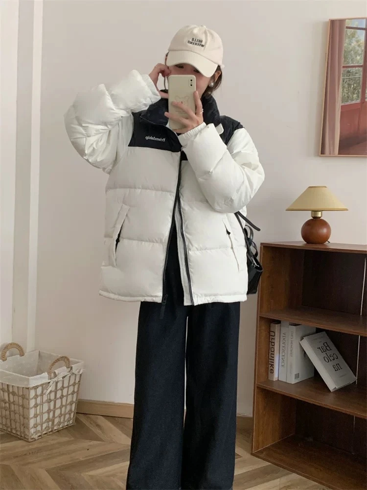 小个子面包服90鸭绒2025新款羽绒服短款男女同款拼色休闲情侣
