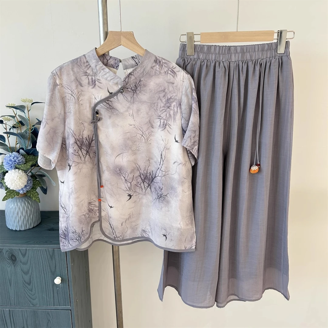 妈妈夏装套装2025新款短袖雪纺T恤中老年女休闲上衣两件套母亲节
