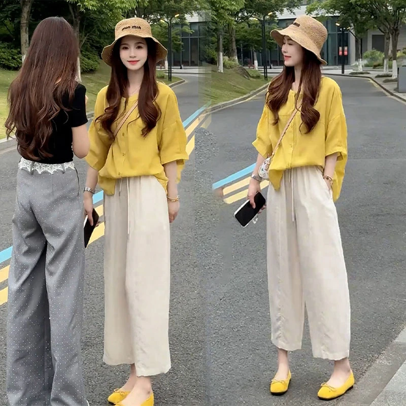 高级感时尚套装洋气减龄气质百搭宽松衬衫女高腰显瘦九分裤两件套