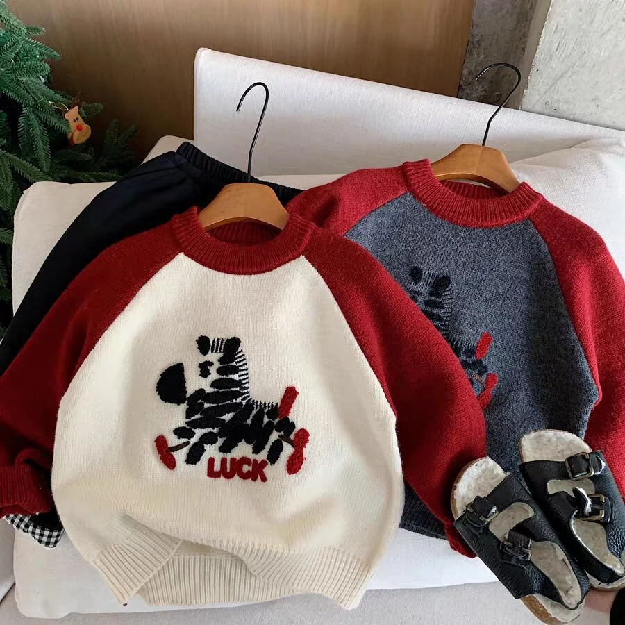 儿童毛衣不起球中大童套头新年服加厚保暖韩版刺绣百搭针织打底衫