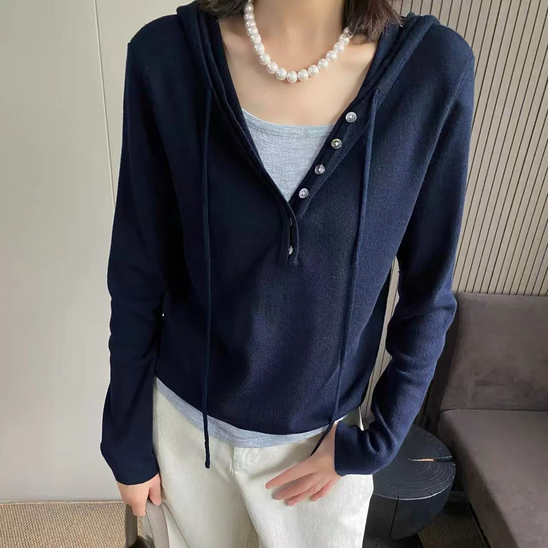 欧洲站2025秋季新款连帽半开扣羊毛针织衫女显瘦毛衣上衣潮4153