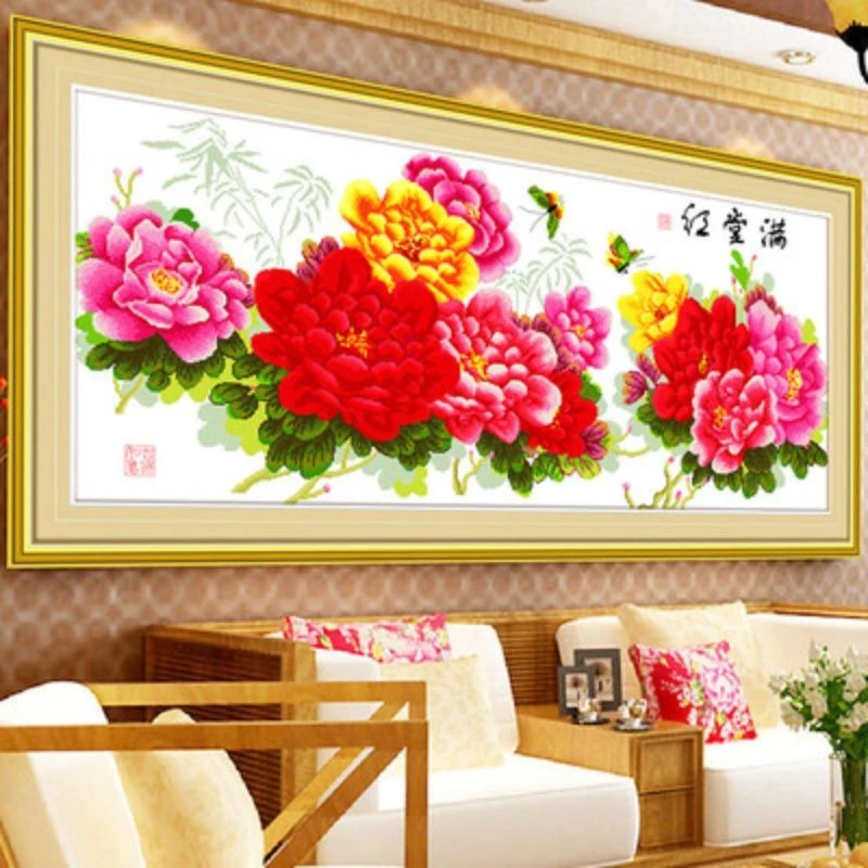 花开富贵满堂红牡丹花卉十字绣客厅卧室大幅挂画