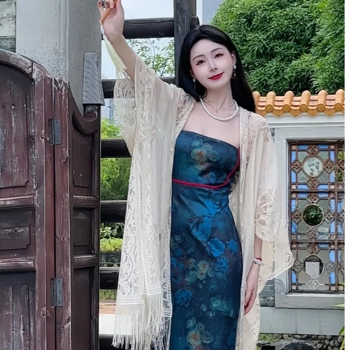 2025新款流苏蕾丝披肩配旗袍外搭百搭薄款开衫衫古风款