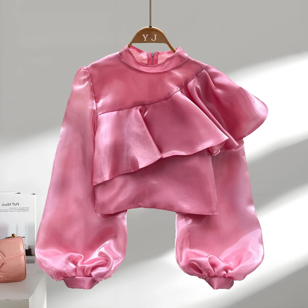 法式时髦上衣女秋季新款荷叶边拼接灯笼袖流光网纱衬衫洋气衣服女