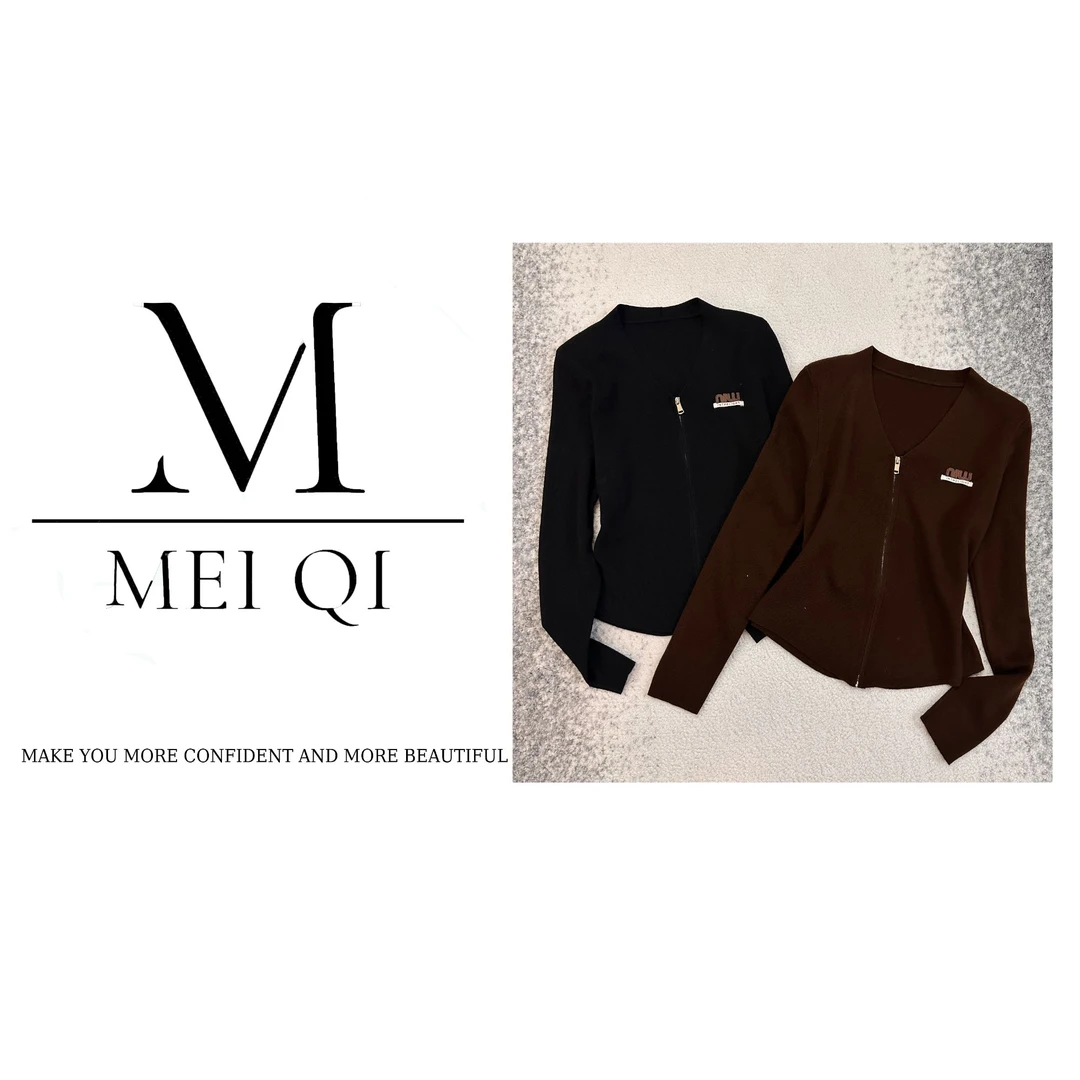 法式纯色V领针织衫挺括有型新款女时尚气质开衫带垫肩显瘦A3497