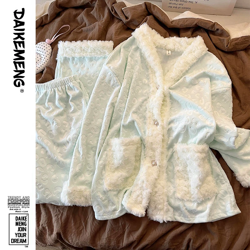 加厚保暖德绒毛绒领睡衣套装女秋冬款甜美轻奢豹纹长袖家居服套装