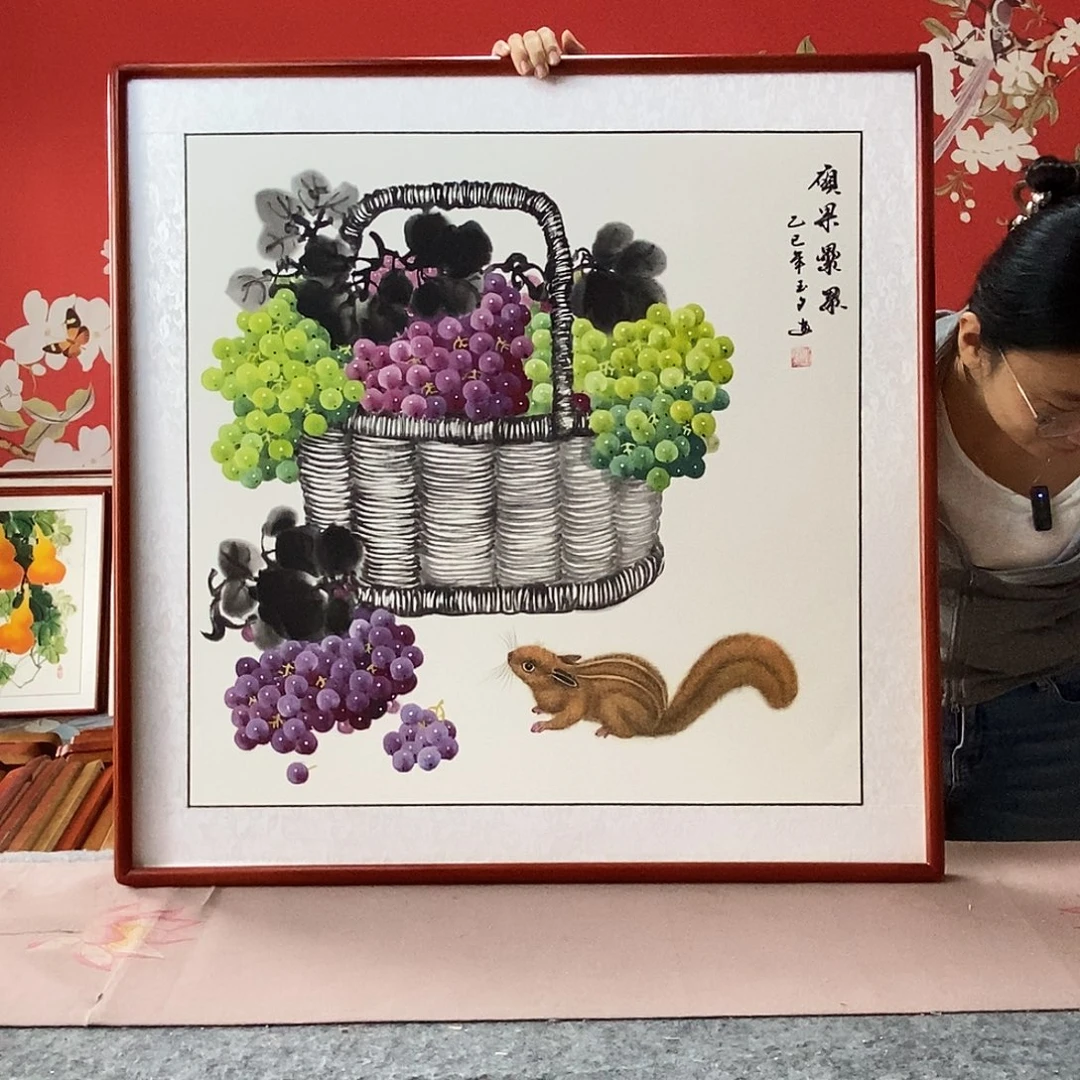 国画手写手绘国画作品带框包邮82✖️82