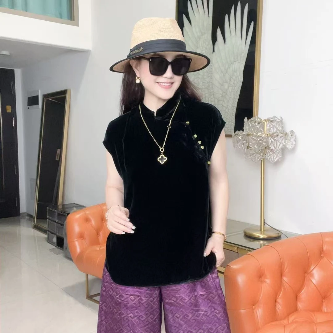【薇姐粉丝】·夏季新款桑蚕丝丝绒立领彩扣短款上衣1312