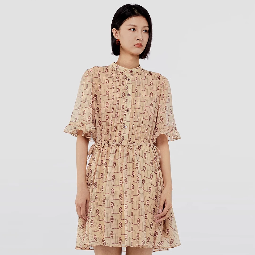 高端【蒂Y】时尚抽绳收腰雪纺印花连衣裙品牌撤柜夏季女装D324062