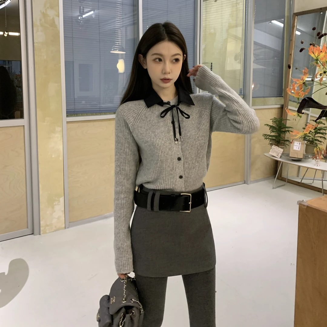 【学姐的衣柜】撞色可拆卸黑领 简约单穿内搭灰色毛衣