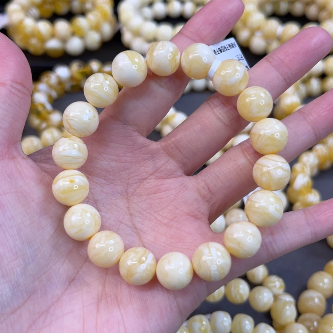 蜜蜡未镶嵌手串11mm满蜡虎皮瓷白