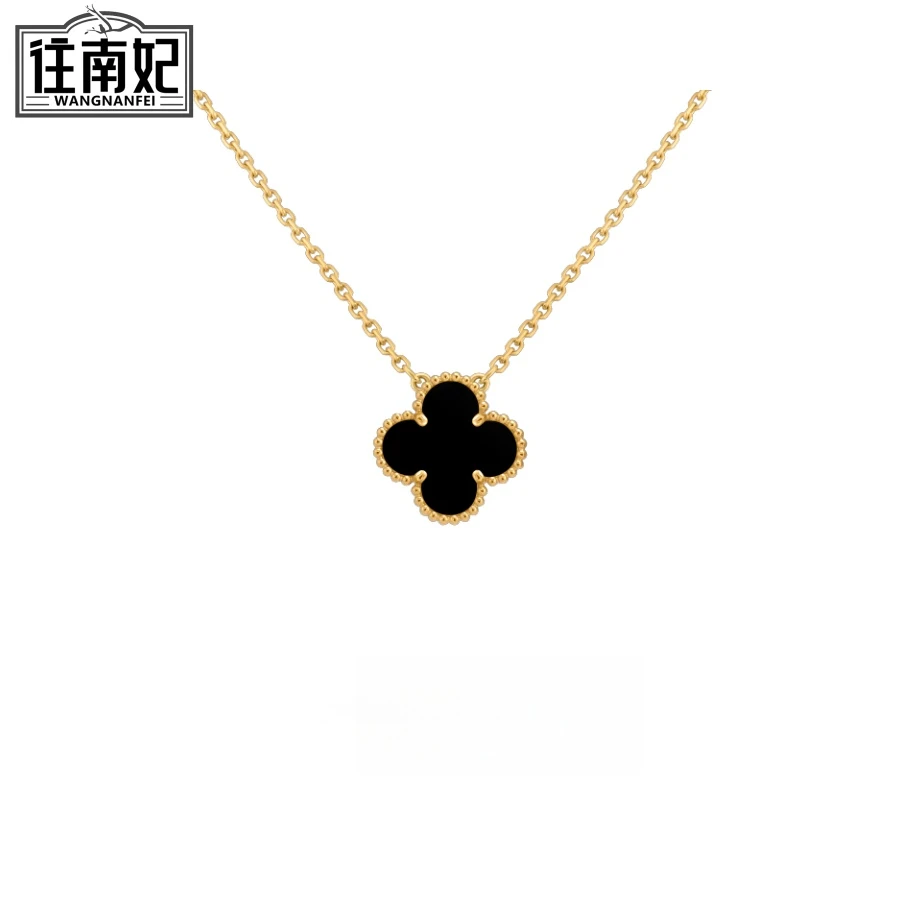 【往南妃珠宝】18k金黄项链15mm中号黑四叶草项链厚金版