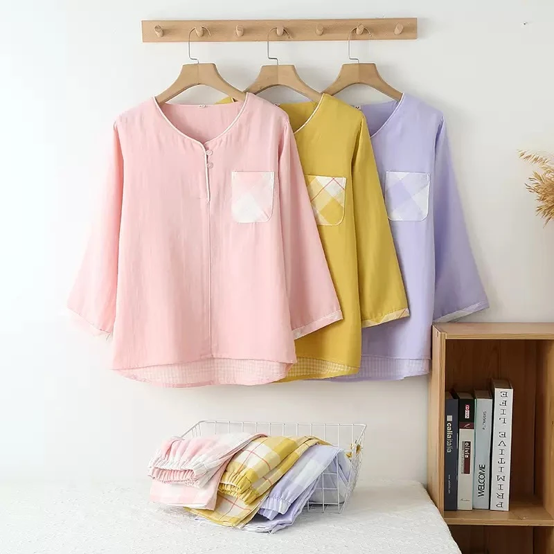 新款夏季日系简约纯棉纱布七分袖睡衣春秋全棉格子家居服套装