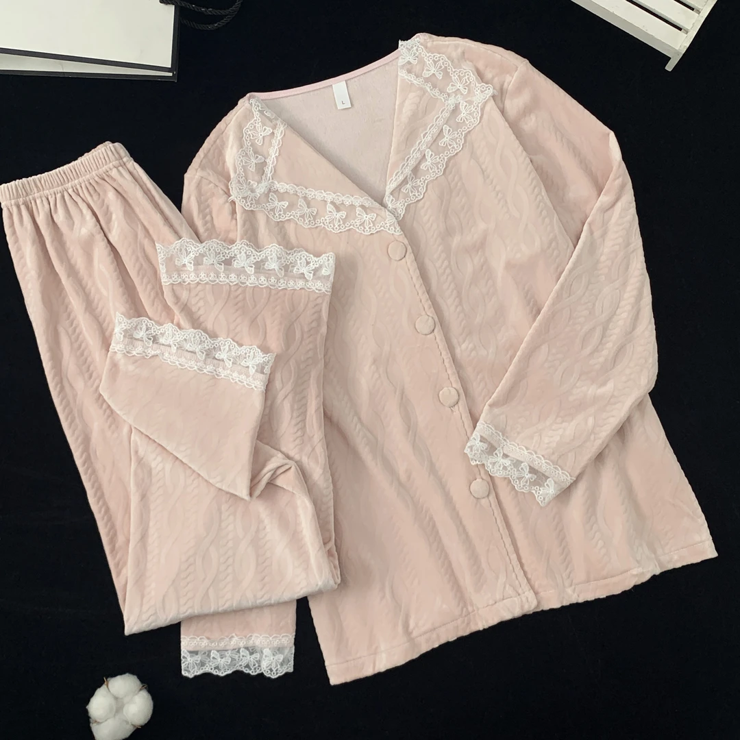 冬季海花边领纯欲风海岛绒睡衣女套装家居服可外穿简约休闲开衫