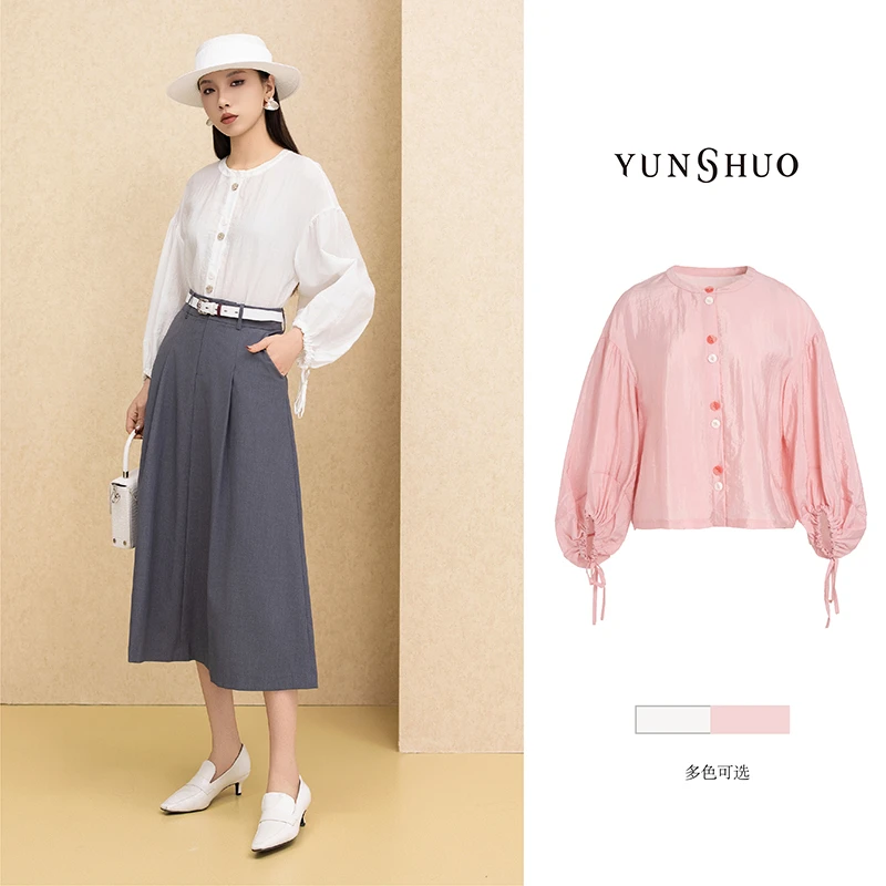 允硕春秋季新品时尚百搭气质圆领灯笼袖薄款宽松女上衣衬衣339729