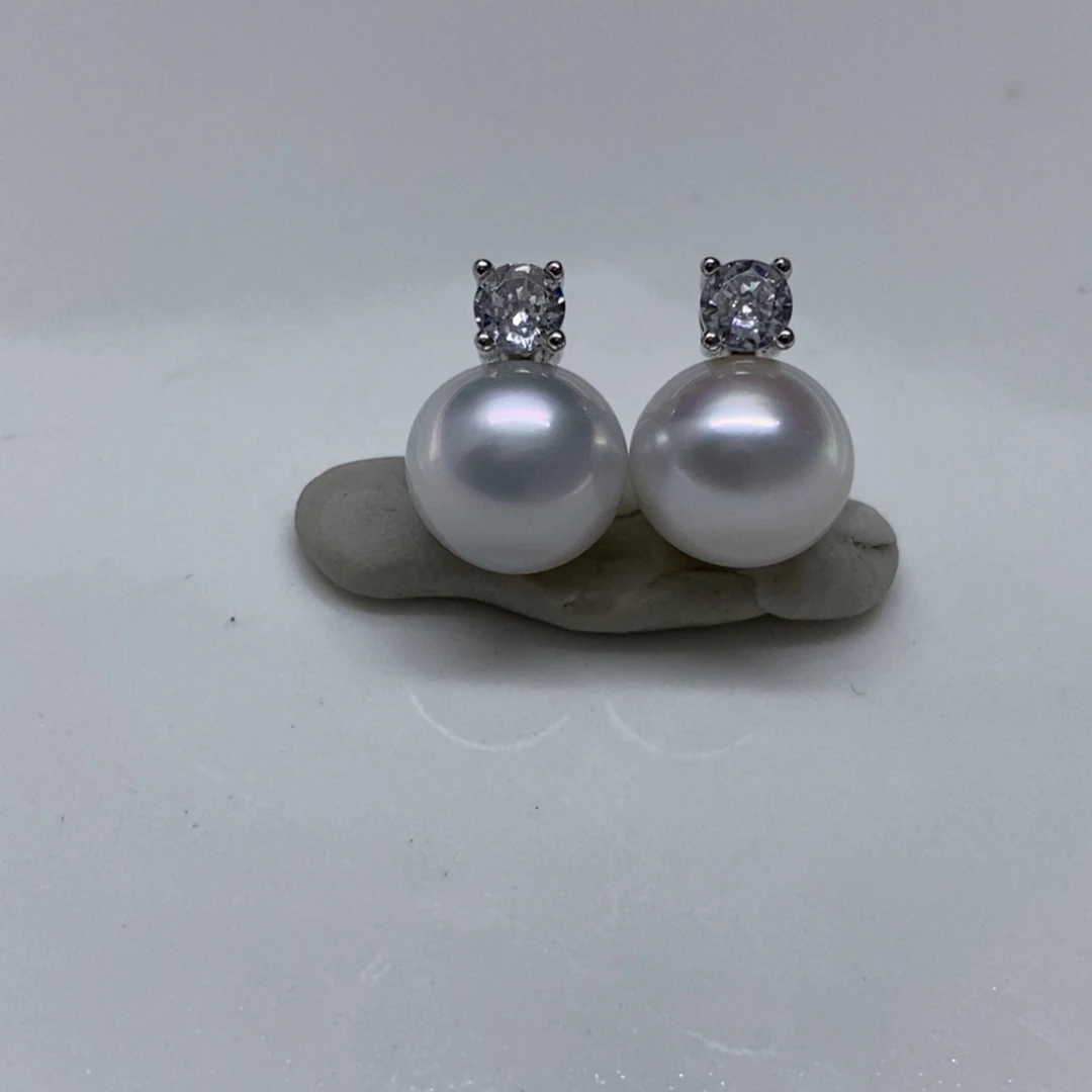 银S925镶嵌耳饰海水珍珠澳白耳饰9-10m m