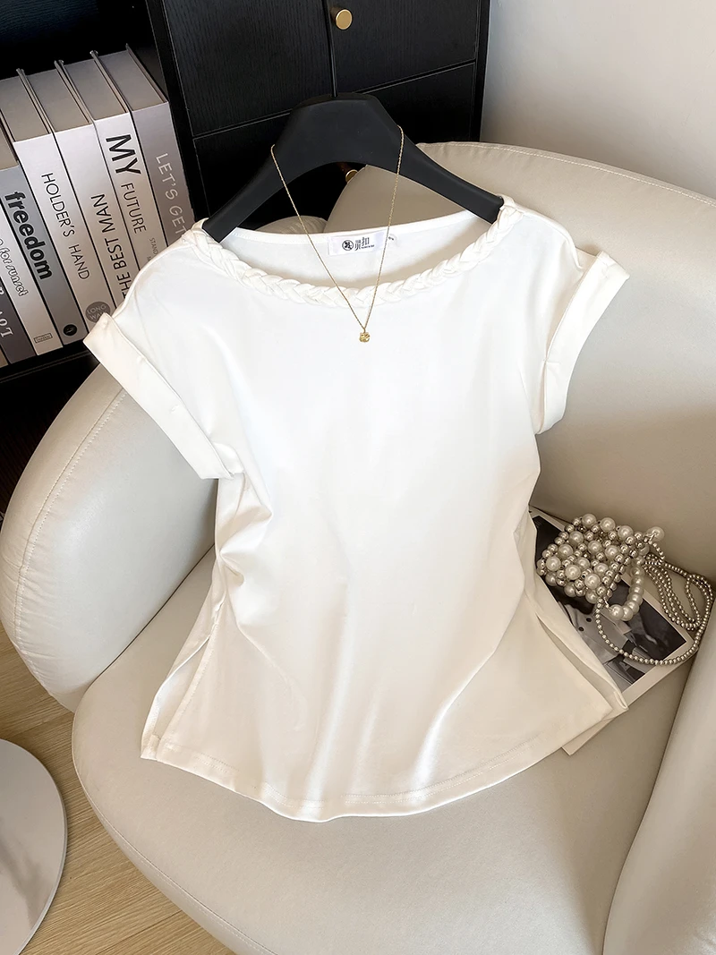 2025夏季新款白色简约领口编织坎肩短袖T恤女褶皱修身显瘦薄上衣
