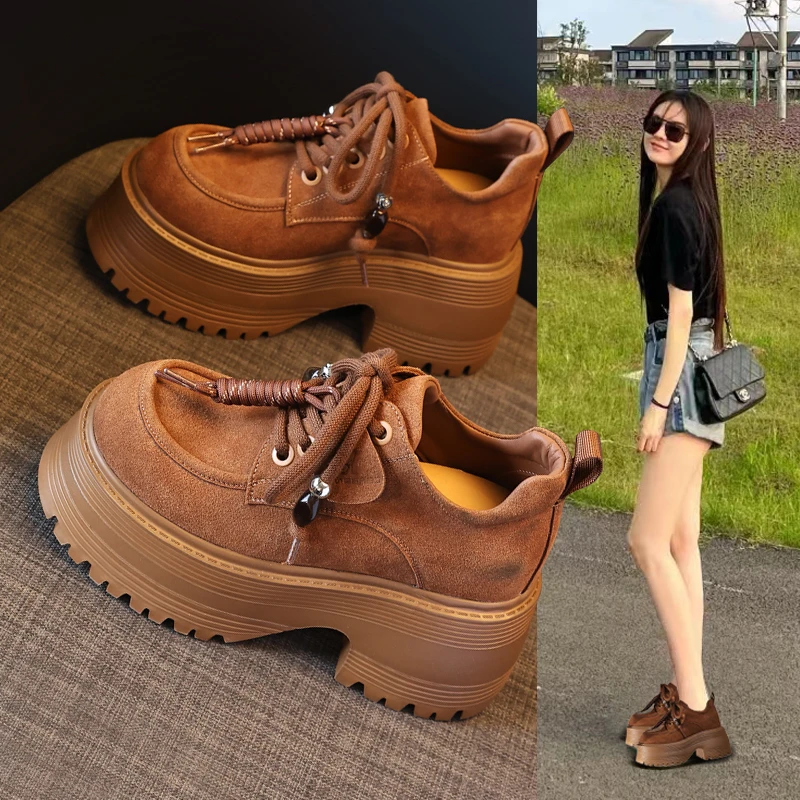 粗跟厚底单鞋女小个子9cm高跟新款秋季休闲皮鞋内增高显高显脚长