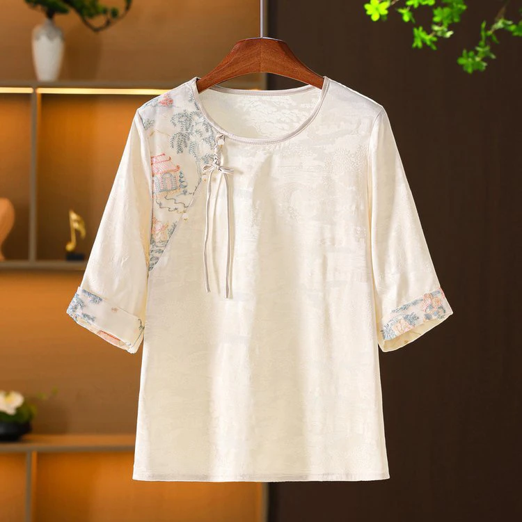新中式国风缎面提花衬衫女短袖2025夏季复古盘扣洋气减龄显瘦小衫