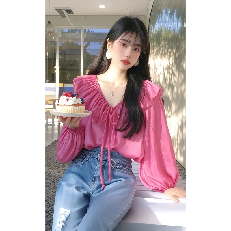 2025年开春季新款漂亮小衫粉色荷叶领衬衫女高级感轻奢减龄洋气女