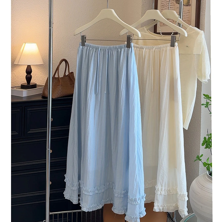 韩系白色花边半身裙女2025春夏季新款松紧腰宽松显瘦直筒中长裙子