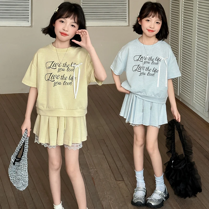女童套装夏装2025新款儿童洋气短袖T恤百褶裙两件套夏季6-12岁15