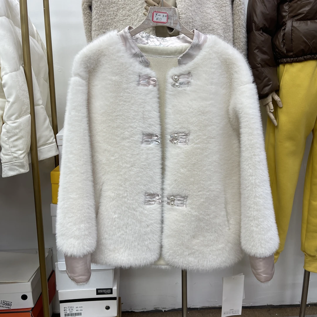 AC【Y200】中国风圆领盘扣拼接韩版外套毛毛衣